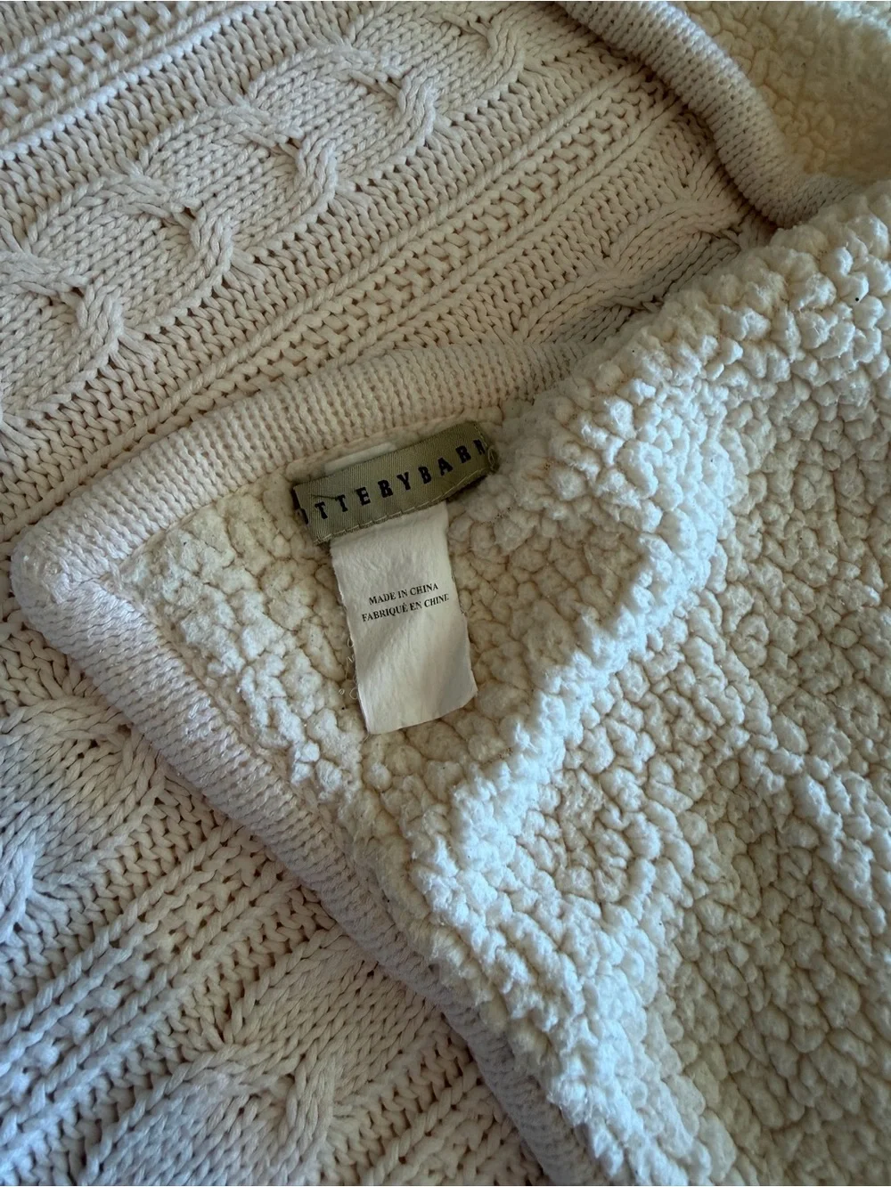 Pottery Barn Ivory Cable Knit Sherpa Throw Blanket 50x60 Cozy Plush